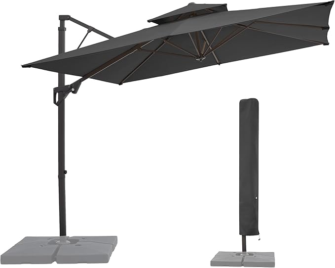 JEAREY 12ft 2-Tier Cantilever Patio Umbrella, Large Square Outdoor Offset Umbrella with Double Top Vent and 360-degree Rotation for Garden, Deck, Pool, Patio，Gray
