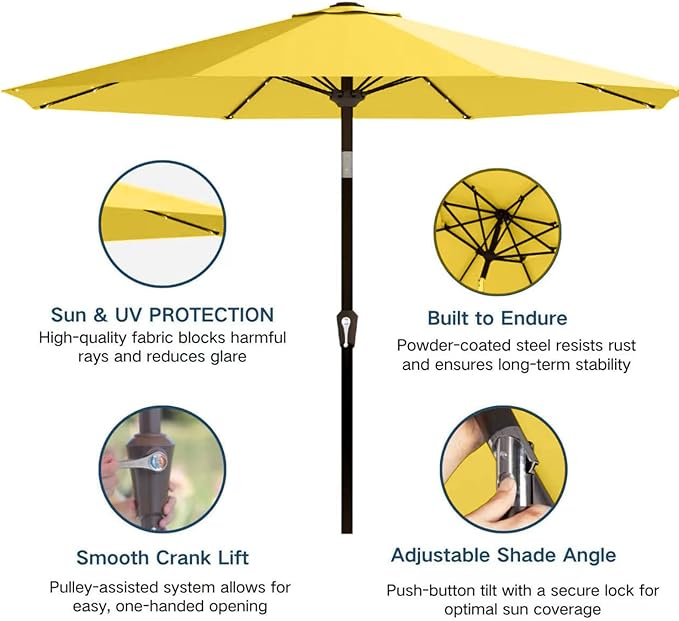 9' Solar LED Patio Umbrella with Tilt & Crank|8 Sturdy Ribs,UV Protection,Outdoor Market Table Umbrella for Deck,Lawn,Pool,Backyard(Yellow)