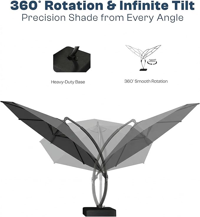 12 FT Cantilever Umbrella with Base Included, Large Round 360° Rotation Offset Umbrella Outdoor Patio, Heavy Duty Aluminum Frame, Sand-Weighted Stand, for Deck, Backyard, Pool, Garden (Grey)