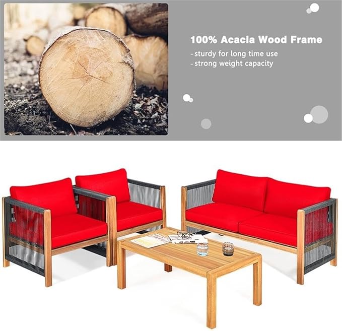 Pemberly Row 4-Piece Acacia Wood Patio Conversation Set, Cushioned Seats, Contemporary Style, Red Finish, Includes Coffee Table, Loveseat, 2 Chairs, Durable Outdoor Furniture for Backyard or Garden