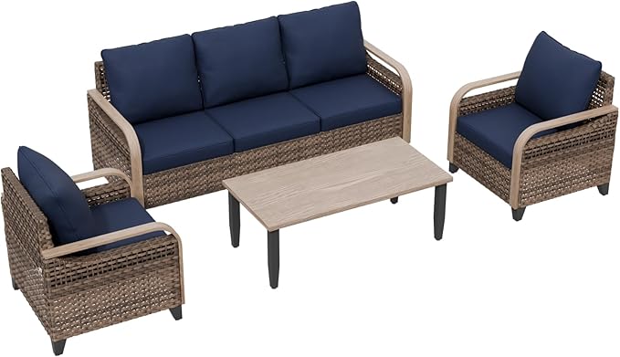 Modern Wicker Patio Furniture Set, Rattan Outdoor Conversation Set with Comfortable Cushions, 2 Patio Chairs, 3 Seat Couch and Coffee Table, 4 Pieces, Brown/Blue
