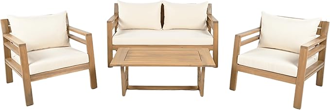 Christopher Knight Home Jamaia 4 Pieces Acacia Furniture Set, Patio Conversation Chat 2-Seat Sofa Set with Coffee Table, Outdoor Loveseat Chair Set for Garden Porch Backyard Balcony, Light Teak+Beige
