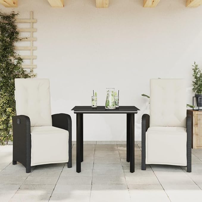 Backyard Furniture Patio Conversation Sets Outdoor Seating 3 Piece Bistro Set with Cushions Black Poly Rattan Suitable for Gardens, Balconies, Decks