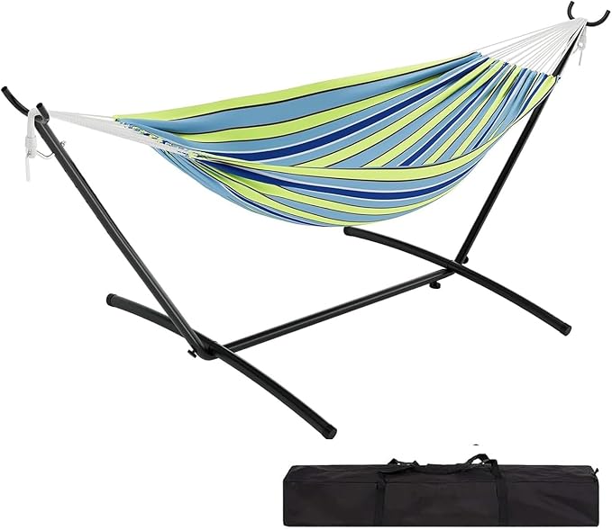 Double Hammock with Stand, Hammock Wih Space Saving Steel Stand and Carrying Case, 2 Person, 450 Lb Capacity, for Indoor Outdoor Patio Yard