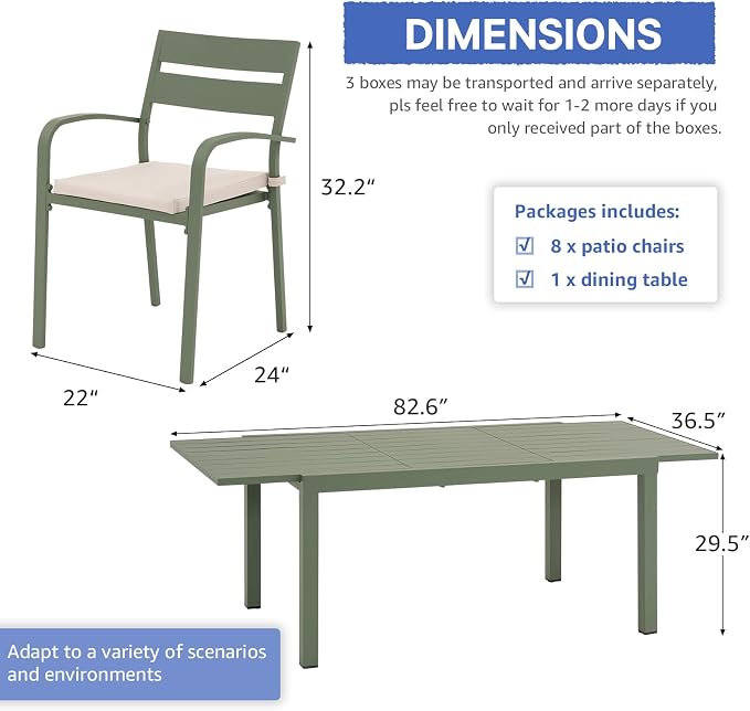 Soleil Jardin 9-Piece Outdoor Patio Dining Set, 59" - 83" Aluminum Expandable Outdoor Dining Table Set for 8, 8 Stackable Chairs with Beige Removable Cushions, Green