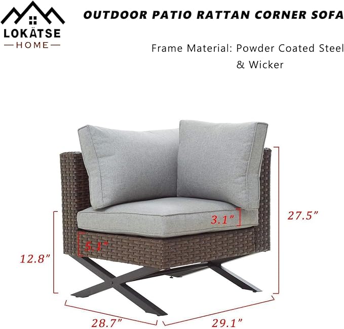LOKATSE HOME Rattan Corner Sofa X Shape Leg Outdoor Furniture Patio Left-arm Chair with Cushions for Garden, Pool, Backyard, Brown