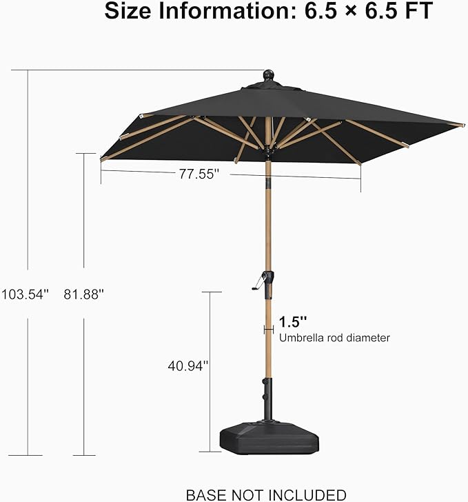PURPLE LEAF 6.5' x 6.5' Square Patio Umbrella Outdoor Table Umbrella Aluminum Market Umbrella with Push Button Tilt & 8 Sturdy Ribs and Crank Outdoor Umbrellas for Garden Deck Patio, Black