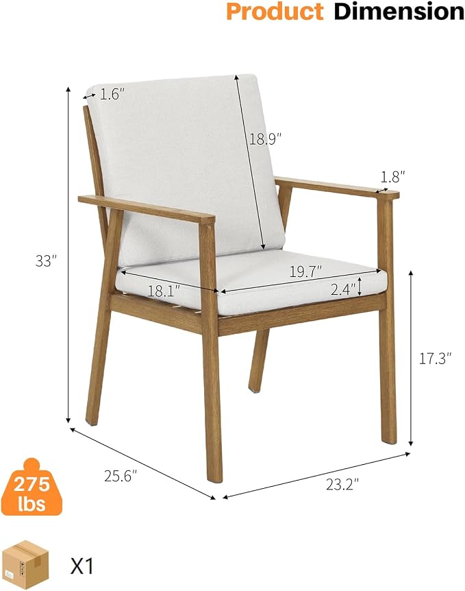 Outdoor Patio Dining Chair Set of 4, Never-Rust Outdoor Aluminum Patio Chairs with Removable Cushions, Patio Dining Furniture Chairs Set for Garden, Backyard, Porch, Lawn, Teak