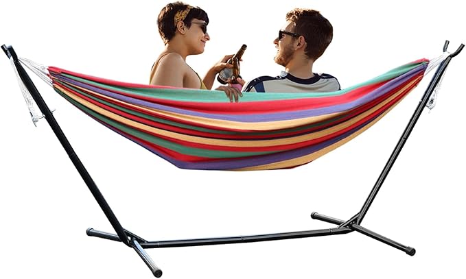 Basics Double Hammock with Space Saving Metal Stand, Portable Indoor Hammock Stand with Carrying Bag, Strong Load-Bearing, Striped Print, Strong Load Bearing, Striped Print Red
