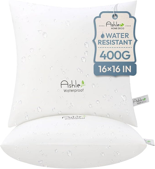 Ashler Outdoor Pillow Inserts 16x16 Pack of 2, Waterproof Pillows Decorative for Couch, Hypoallergenic Pillow Square Lumbar Pillow Form for Bedding Couch,White