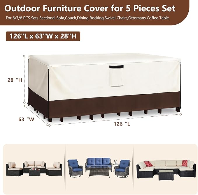 Patio Furniture Covers Waterproof,Heavy Duty Outdoor Furniture Covers, Rectangle Patio Table Cover Fits 5-8Piece Sectional Set Outdoor Chair Couch Table Sets(126" L x 63" W x 28" H)