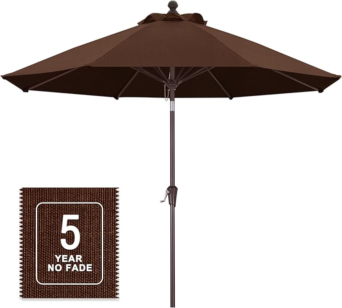 MASTERCANOPY Olefin 5-Year-Non-Fading 9ft Patio Umbrella with Tilt and Crank, Large UV Resistant Outdoor Table Umbrella with 8 Fiberglass Ribs for Deck, Yard & Market, Coffee