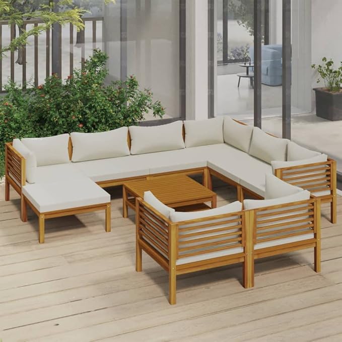 Patio Lounge Set with Cream Cushion,Patio Furniture Sets,Patio Conversation Sets,Outdoor Furniture Sets,for Garden,Backyard,Outdoor,10 Piece Solid Acacia Wood