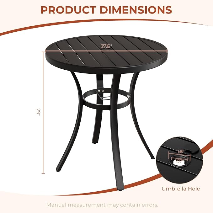 TLSUNNY 27.6" Outdoor Patio Round Dining Table for 2, Patio Table with 1.57"-1.8" Adjustable Umbrella Hole & Foot Pads, Metal Steel Frame & E-Coating, All Weather for Lawn Poolside (27.6")