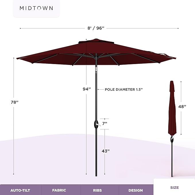 Midtown Umbrellas – The Lean 8 Ft Patio Umbrella with 10-Year-No-Fade Acrylast Acrylic Fabric, Auto-Tilt and 8 Reinforced Ribs for Deck, Pool, Garden, Hotel & Cafes – Bordeaux Canopy, Black Pole