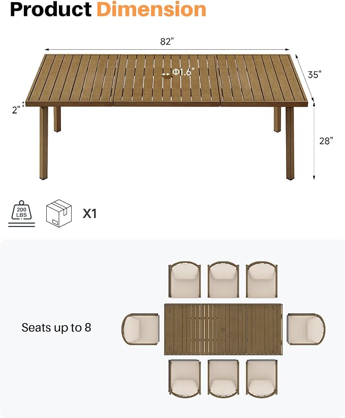 Outdoor Dining Table for 8, Never-Rust Aluminum Patio Dining Table, 82"×35" Large Rectangle Patio Table with Umbrella Hole, Outdoor Table with Wood-Like Texture for Commercial, Backyard, Teak