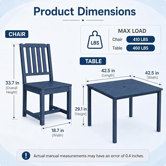 HDPE Outdoor Dining Set for 4, Square Table & Chairs Set | • All-Weather Polywood Composite • 410 lbs Heavy-Duty Support • Built-In 2" Umbrella Hole • Easy Soap-Water Wash