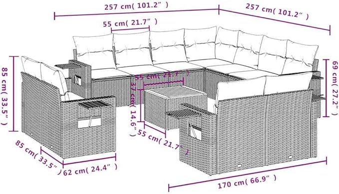 vidaXL Patio Sofa Set with Cushions 12 Piece, Outdoor Conversation Set, Sectional Sofa for Balcony Garden, Patio Furniture, Gray Poly Rattan