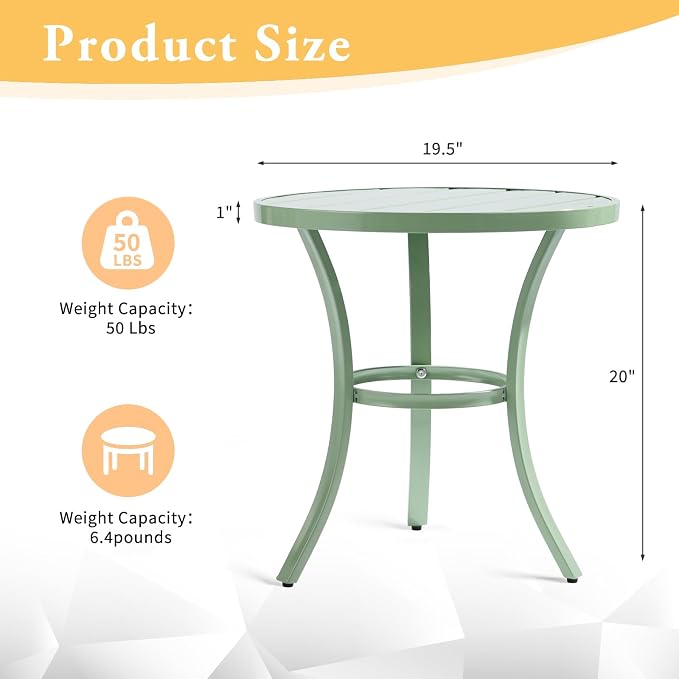 Outvita Outdoor Round Side Table, Small Metal End Table Black Coffee Table for Patio Lawn Garden Living Room Bedroom Sturdy (Single Layer, Light Green)
