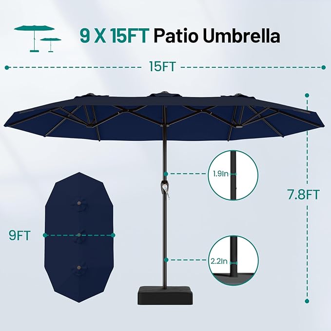 AreShark 15ft Patio Umbrella with Base, Double Sided Outdoor Umbrella with 12 Fiberglass Ribs, Large Outdoor Umbrella for Garden, Pool, Deck, Backyard & Market, Navy