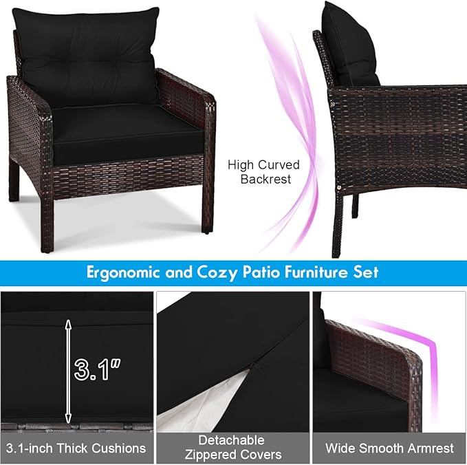 Tangkula 5 Pieces Wicker Patio Furniture Set, PE Rattan Outdoor All Weather Cushioned Sofas and Ottoman Set, 2-Person Outside Conversation Set for Lawn, Poolside, Yard, Balcony, Deck, Black