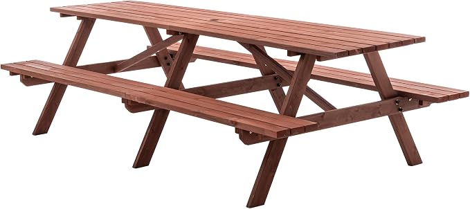 12 Person Rectangle Picnic Table, 95 inch Large Outdoor Picnic Table with 2 Bench, Umbrella Hole, Outside Wood Dining Table Set for Patio, Backyard, Garden, Porch, 2220lb Capacity, Brown