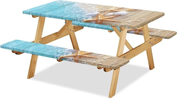 Starfish Picnic Table Cover with Bench Covers Lightweight Camping Essentials, Oil-Proof Waterproof 3PCS Tablecloth with Elastic, Fitted for Table 6FT Rectangle and Seats