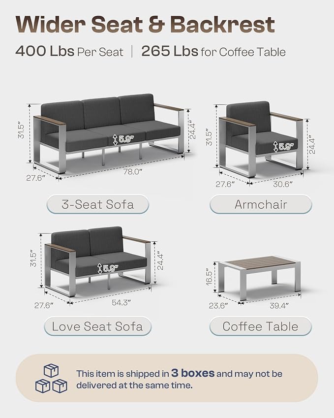 2 Pieces Outdoor Aluminum Armchair, Modern Patio Patio Furniture with Wide Seat and Thick Cushions, All-Weather Oversized Couch for Deck, Porch