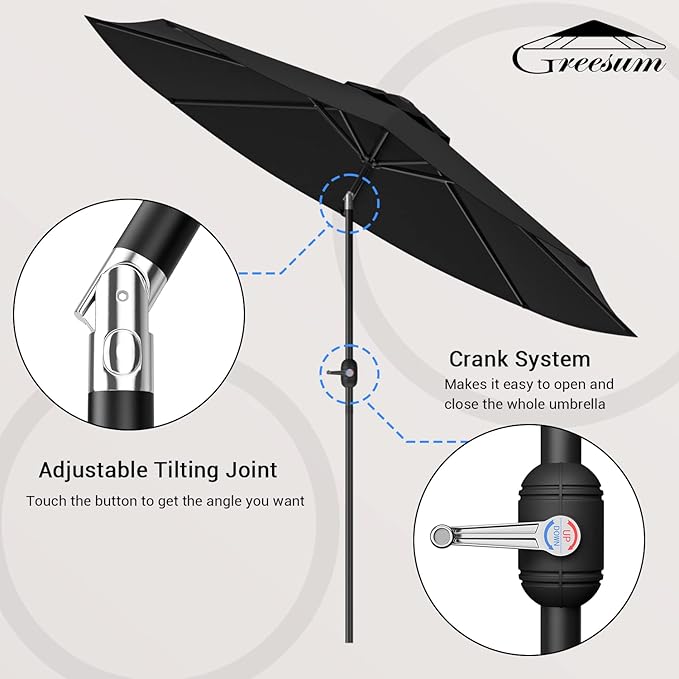 Greesum Patio Umbrella, Outdoor Table Umbrella with Push Button Tilt, Crank and 8 Sturdy Ribs