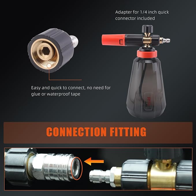 SPTA Foam Cannon (Thicker Snow Foam Technology) with 1/4 Inch Quick Connector for Pressure Washer (Wide Mouth), 34 Oz Bottle (1/4" Quick Connector) with Adjustable Thick Foam+16Oz Car Wash Soap