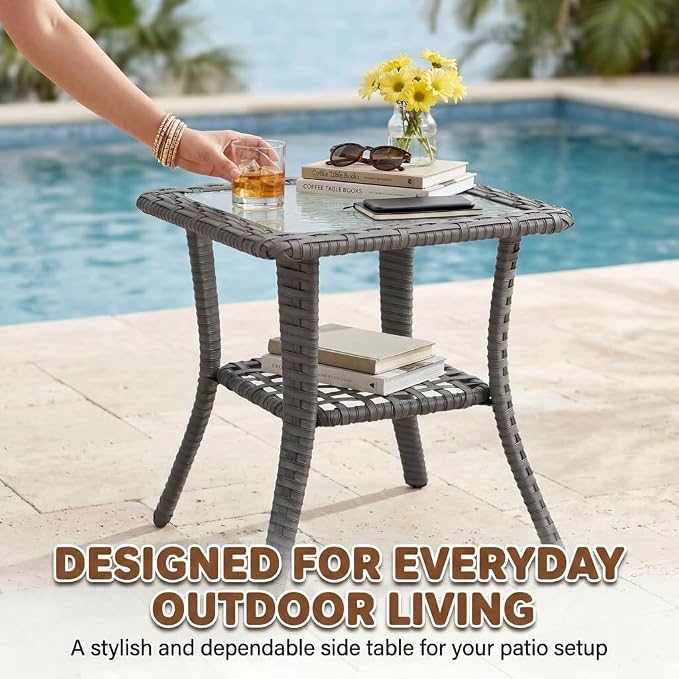 3-Piece Outdoor Patio Furniture Set, Grey Wicker Conversation Set with 2 Swivel Chairs and Side Table, 6-Inch Blue Olefin Cushions for Porch, Deck, Balcony