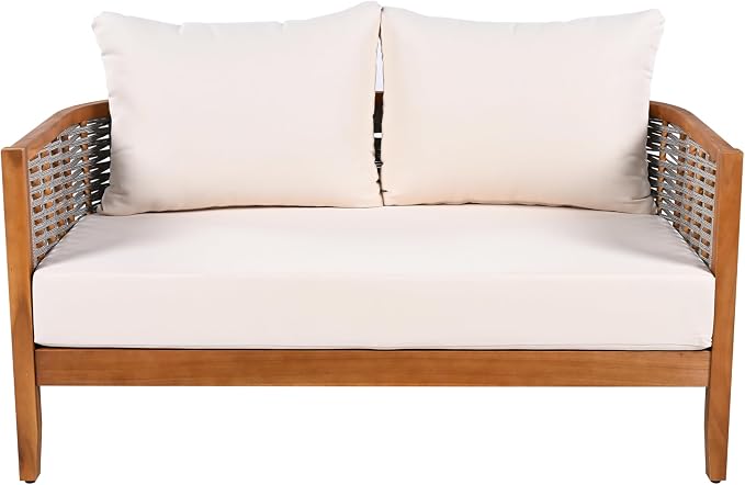 Merax 4 Pieces Acacia Wood Patio Furniture Set, Outdoor Woven Rope Conversation Sets with 1 Loveseat, 2 Chairs and Round Table for Backyard, Porch, Garden, Deep Seating & Soft Cushions, Teak+Beige