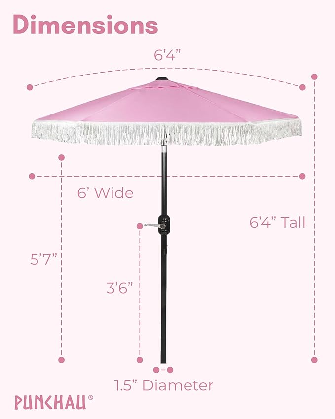 6 Ft Fringe Patio Umbrella - Outdoor Umbrella for Patio, Pool, Table, Garden, & Deck, Push Button Tilt Pole - Fashionable Vintage Tassels - White