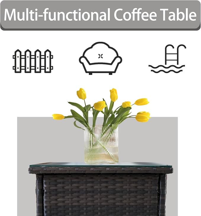 Outdoor Patio Wicker Table,Rattan Side Table,Modern Patio End Side Table with Glass Countertop and Storage Space,for Porch Garden Balcony