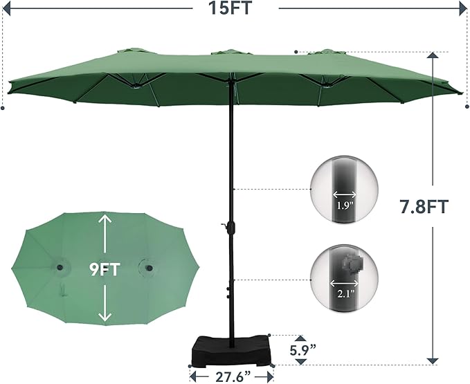 GREEN PARTY 15 ft Rectangular Patio Umbrella with Base Included, Large Double-Sided Outdoor Table Umbrella with Crank, 1.9" Pole UPF 50+ UV Resistant for Pool Deck Backyard Garden, Mint Green