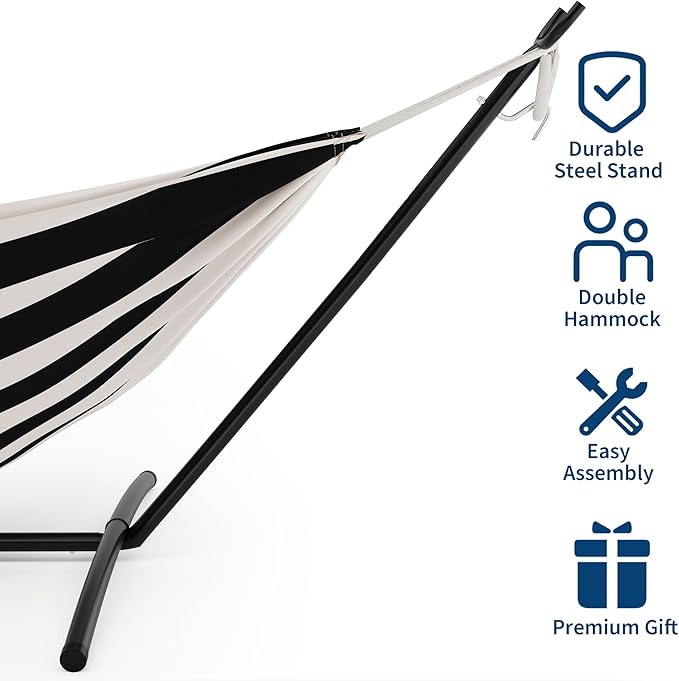 IDEALHOUSE 2 Person Double Hammock with Collapsible Heavy Duty Steel Stand - 450lbs Capacity Cotton Bed - Portable & Space-Saving - Indoor Outdoor Patio Camping Garden - Carry Bag - Black
