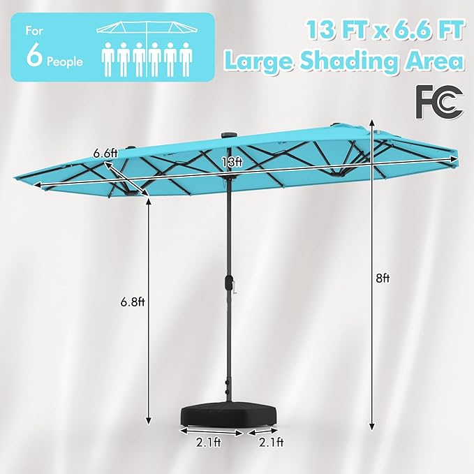 HAPPYGRILL Double-Sided Patio Umbrella with Solar Lights, 13FT Large Umbrella with Base Included, Crank Handle, Market Twin Table Umbrella for Outdoor Backyard Garden Poolside