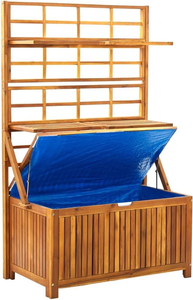 Wooden Storage Box with Trellis, Outdoor Storage Deck Box with Trellis,Patio Cabinet with Inner Bag, Storage Chest, 39"x19.7"x63" Solid Wood Acacia