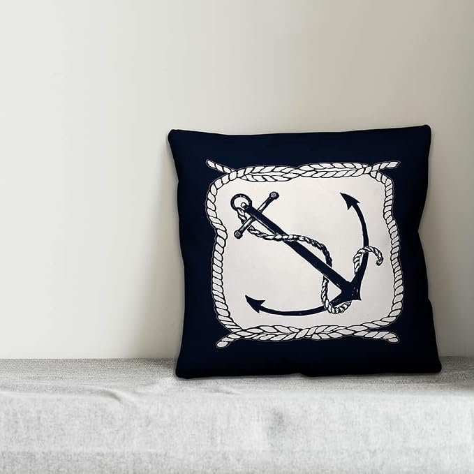 Navy and White Anchor Indoor/Outdoor Pillow | Decorative Pillows for Living Room Couch Bed Sofa Patio, Fluffy Soft Cushion | Water Resistant Blue, 18x18