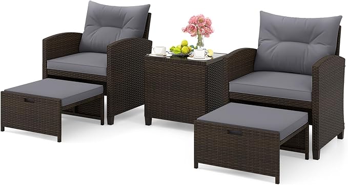 ORALNER 5 Pieces Patio Furniture Set with Ottoman, Wicker Conversation Set w/Cushions, Glass Coffee Table, Outdoor Rattan Lounger Chairs Bistro Set for Porch Balcony Garden Deck Poolside (Gray)