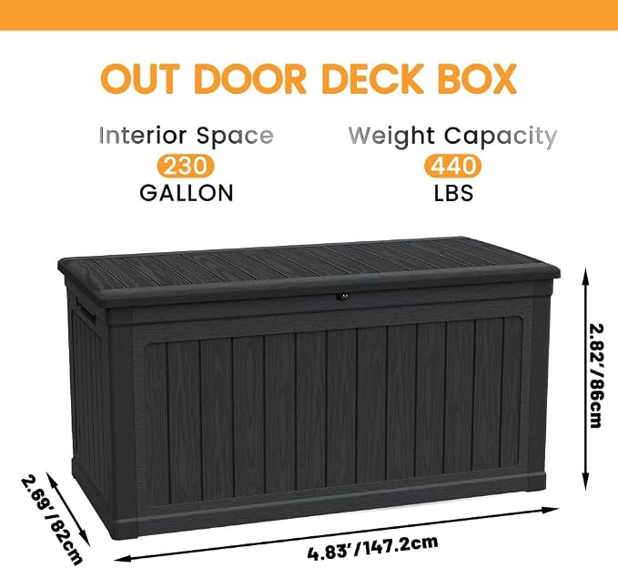 Large Outdoor Storage Deck Box for Patio Furniture, Cushions, Garden Tools and Sports Equipment – Weather-Resistant Resin with Secure Lid (Black + Plastic)