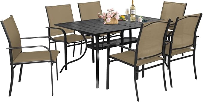 7-Piece Patio Dining Set,6 Person Outdoor Table and Chairs Set, 6 Metal Dining Chairs and Rectangular Outdoor Table with 1.57" Umbrella Hole,Khaki