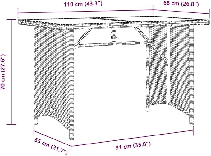 Black Poly Rattan Patio Table with Tempered Glass Top, 43.3x26.8x27.6 Inch Rectangular Outdoor Table for Garden