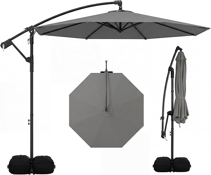 Tangkula 10ft Patio Umbrella with Base Included, Offset Cantilever Outdoor Umbrella with 360 Degree Rotation, Crank Handle, Sun-Protective Canopy for Pool Deck Garden Backyard (Gray)