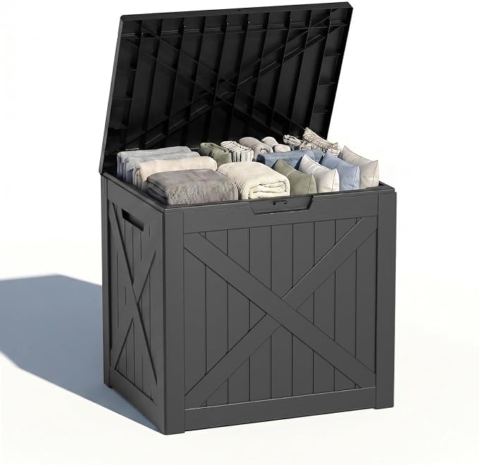Waterproof Outdoor Storage Box Outside Deck Box Lockable Resin Bench UV Resistant Furniture Cushion Pool Tool Float Bin Patio Garden Porch (Black, 40 Gallon)