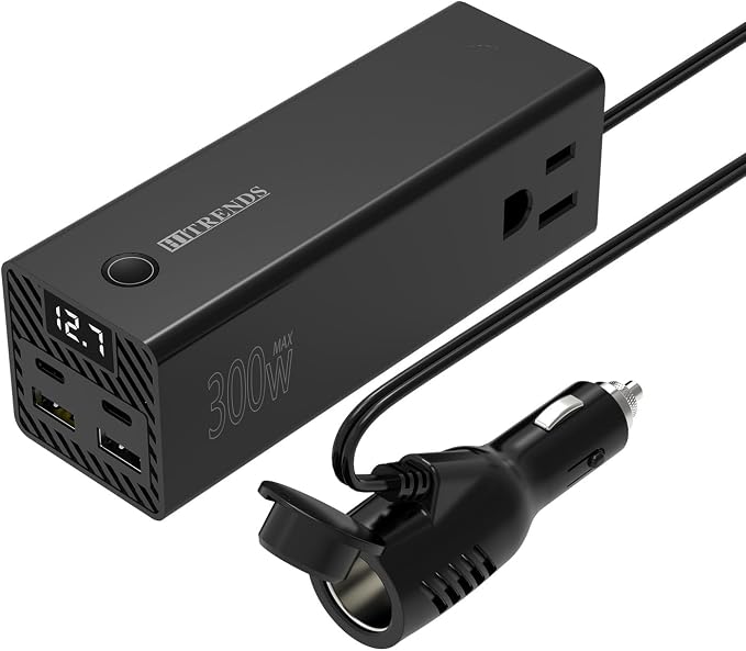HITRENDS 300W Car Power Inverter, DC 12V to AC 110V with 2 USB Ports, 2 Type-C Ports, and 2 AC Outlets for Car, Home, and Travel Use (Black)