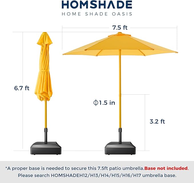 HOMSHADE 7.5ft Outdoor 1S Push-Up Patio Umbrella - Market Table Pool Deck Umbrella UPF50+ UV Protection with 6 Sturdy Ribs for Balcony, Garden, Lawn, Backyard (Light Yellow)