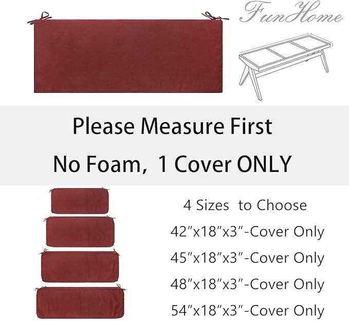FUNHOME Outdoor Bench Cushion Cover 45 x18 x 3 inch,Water Resistant Cover with Zipper&Ties,Fade-Resistant Slipcover,Patio Porch Swing Cushion Cover Replacement Only,No Insert(Dark Red)