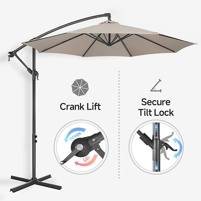 Offset Patio Umbrella Cantilever - 10 FT Cantilever Umbrella Outdoor with Crank and Cross Base, UV Protection Large Patio Umbrella for Garden, Deck, Backyard, Pool, Porch (Taupe)