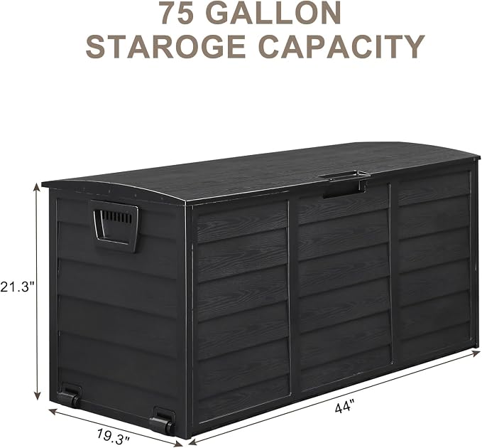 75-Gallon Outdoor Storage Bench with Wheels, Heavy-Duty Waterproof Deck Box for Patio, Garden, and Pool Organization (All black)